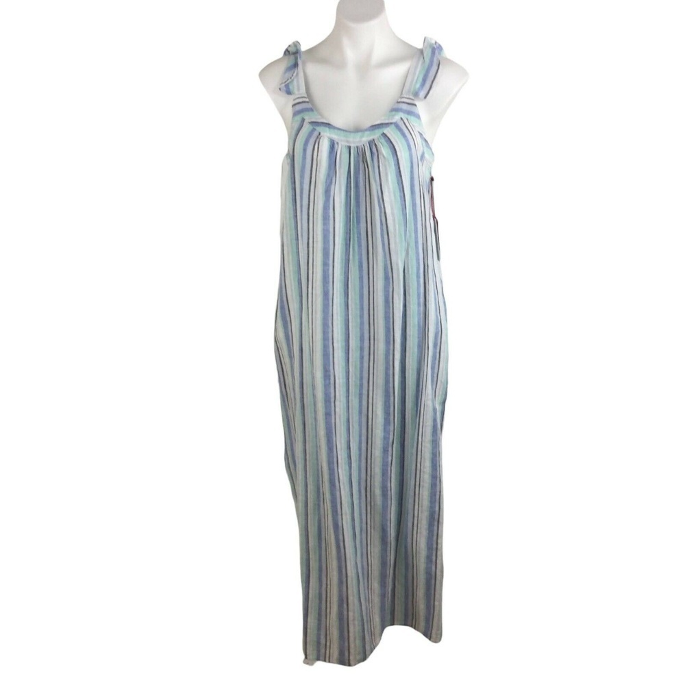 Vince Camuto Linen Dress Sleeveless Ruffle Strap Striped Waistless Midi Dress S